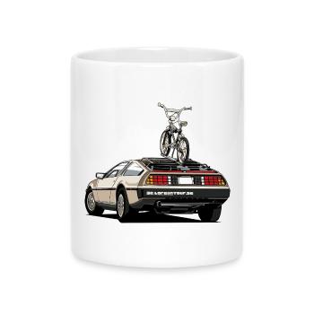 Delorean mit Oldschool 80er Jahre BMX auf dem Heck - Tasse mit Herzhenkel - Weiß - Vorne