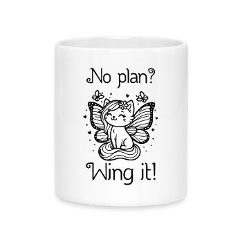 No plan? Wing it! Geflügelte Katze (schwarz) - Tasse mit Herzhenkel - Weiß - Vorne