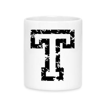 Buchstabe T (Used Look) zweifarbig Schwarz/Weiß - Tasse mit Herzhenkel - Weiß - Vorne