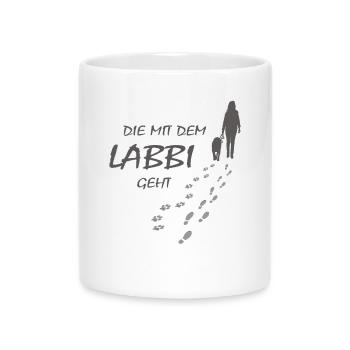 Die mit dem Labbi geht, Hundepfoten Labrador Gassi - Tasse mit Herzhenkel - Weiß - Vorne