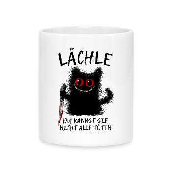 Wuschelige Grinsekatze Verrückte Katze Mit Messer - Tasse mit Herzhenkel - Weiß - Vorne