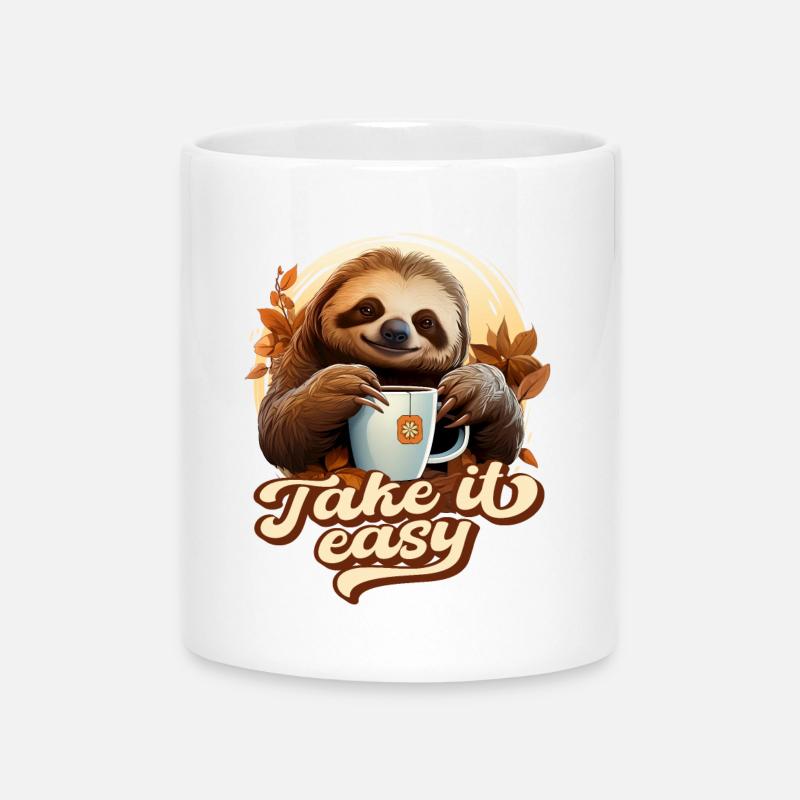 Cute Sloth Drinking Tea, Take It Easy, Saying - Mug with Heart-Shaped Handle - white