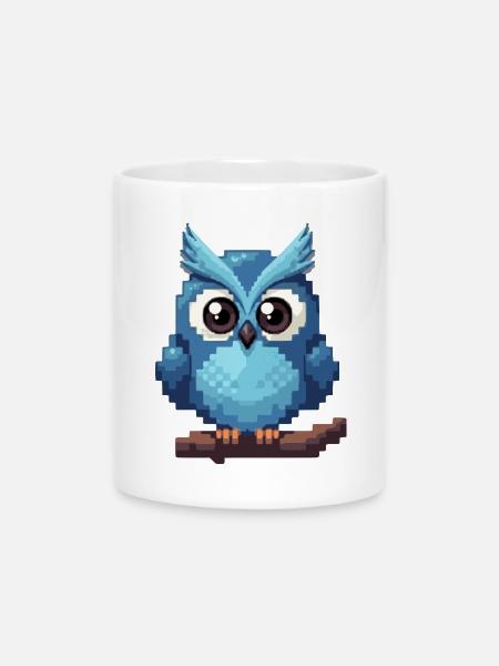 Pixel Eule – Retro 8-Bit Style - Tasse mit Herzhenkel - Weiß