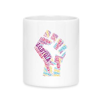 LGBTQIA+ T-Shirt Fist Word Cloud Gay Pride LGBT - Mug with Heart-Shaped Handle - white - Front