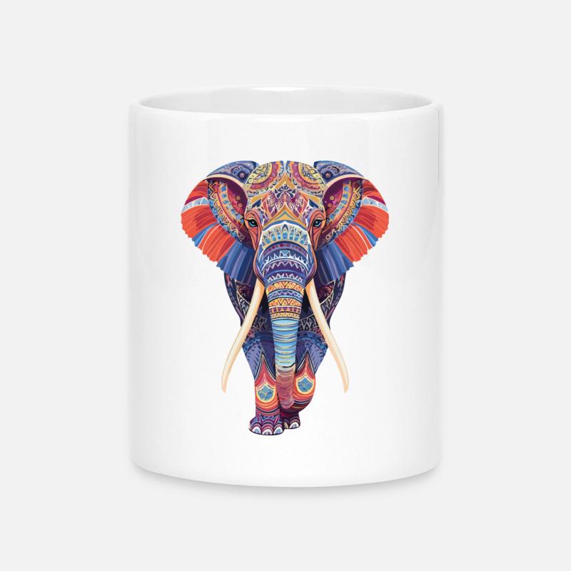 Elefant Mandala gehend frontal in bunter Optik - Tasse mit Herzhenkel - Weiß