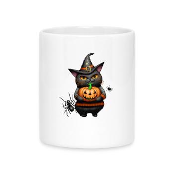 Halloween-Katze und Kürbis - Tasse mit Herzhenkel - Weiß - Vorne
