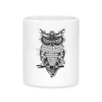 Mystische Ornament-Eule – dunkel & detailreich - Tasse mit Herzhenkel - Weiß - Vorne