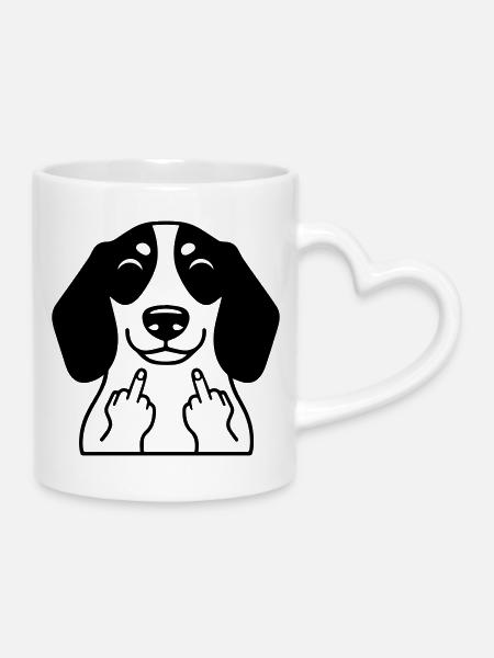 Frecher Dackel zeigt Mittelfinger – Lustiger Comic - Tasse mit Herzhenkel - Weiß