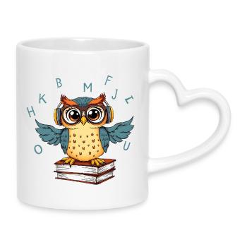 Chouette sur des livres - Mug avec anse en forme de cœur - blanc - Droite