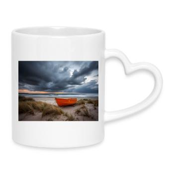 Orange Boat on Stormy Seaside - Mug with Heart-Shaped Handle - white - Right