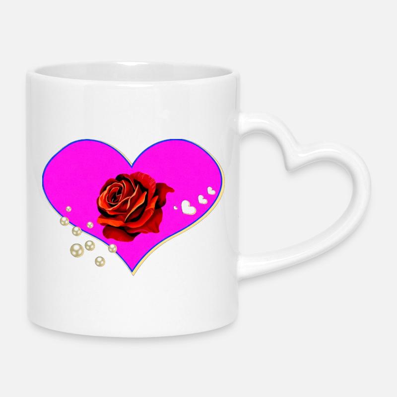 0Cœurs, Roses, Perles - Mug avec anse en forme de cœur - blanc