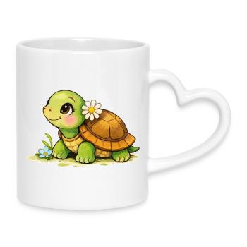 Turtle with Flower Cartoon - Mug with Heart-Shaped Handle - white - Right