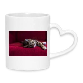 Cute tabby baby cat, lying, photography - Mug with Heart-Shaped Handle - white - Right