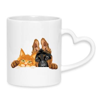 Süßer Deutscher Schäferhund und Maine Coon-Katze - Tasse mit Herzhenkel - Weiß - Rechts