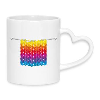 Knitted stitches in rainbow colours on needles - Mug with Heart-Shaped Handle - white - Right