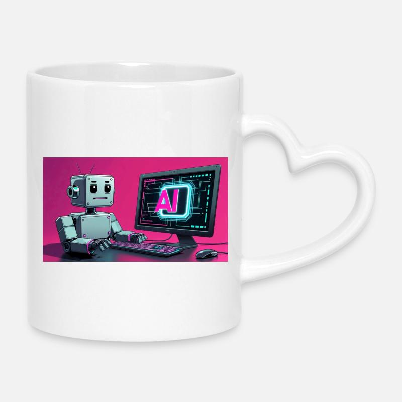 Futuristic AI Robot and Tech Screen - Mug with Heart-Shaped Handle - white