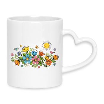 Wilder Blumengarten mit fröhlich strahlender Sonne - Tasse mit Herzhenkel - Weiß - Rechts