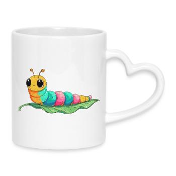 Bunte Cartoon-Raupe auf Blatt - Tasse mit Herzhenkel - Weiß - Rechts
