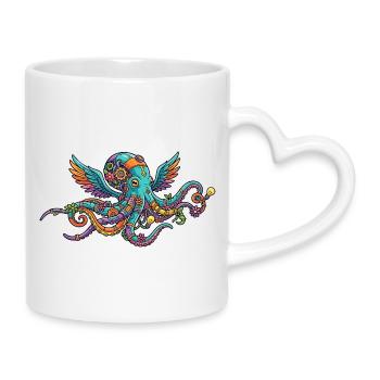 Bunter Steampunk Octopus mit Flügeln Fantasiewesen - Tasse mit Herzhenkel - Weiß - Rechts