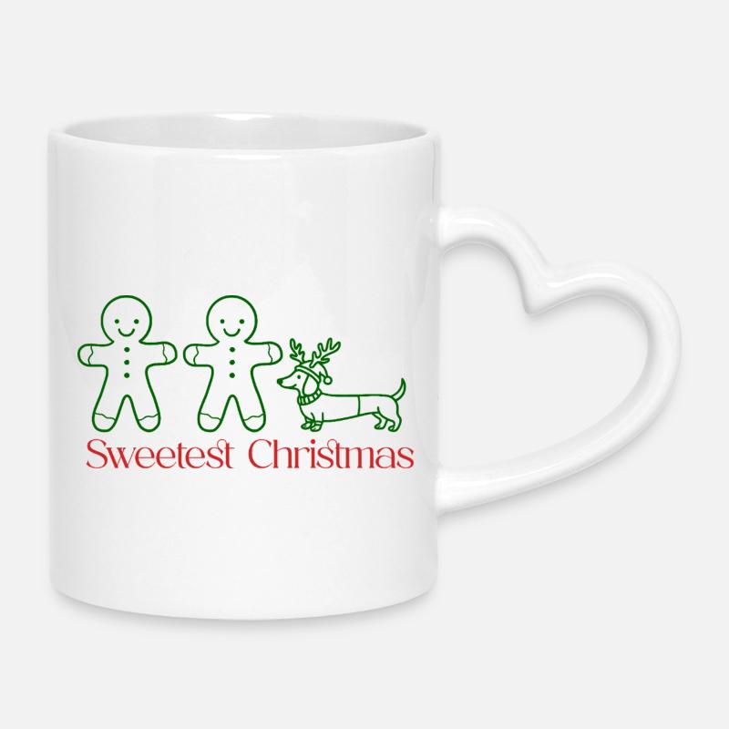Christmas–Gingerbread Couple & Dachshund (green) - Mug with Heart-Shaped Handle - white