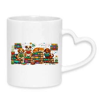 Reading dogs with stacks of books - Mug with Heart-Shaped Handle - white - Right