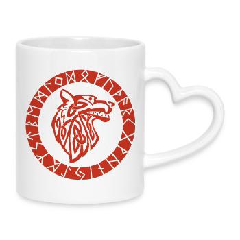 Wikinger Roter Wolf Emblem - Tasse mit Herzhenkel - Weiß - Rechts