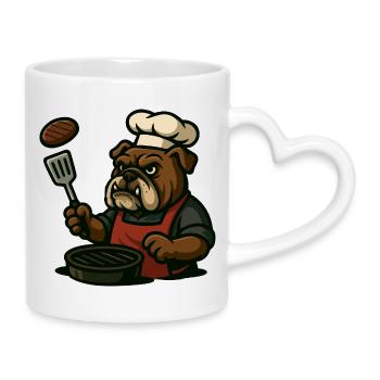 Bulldog Grill Master Flipping Steak Cartoon Kunst - Tasse mit Herzhenkel - Weiß - Rechts