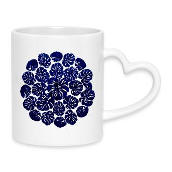 Monstera Kreisdesign – Dunkelblaues Pflanzenmuster - Tasse mit Herzhenkel - Weiß - Rechts