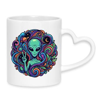 Außerirdischer Peace Zeichen psychedelisch Alien - Tasse mit Herzhenkel - Weiß - Rechts