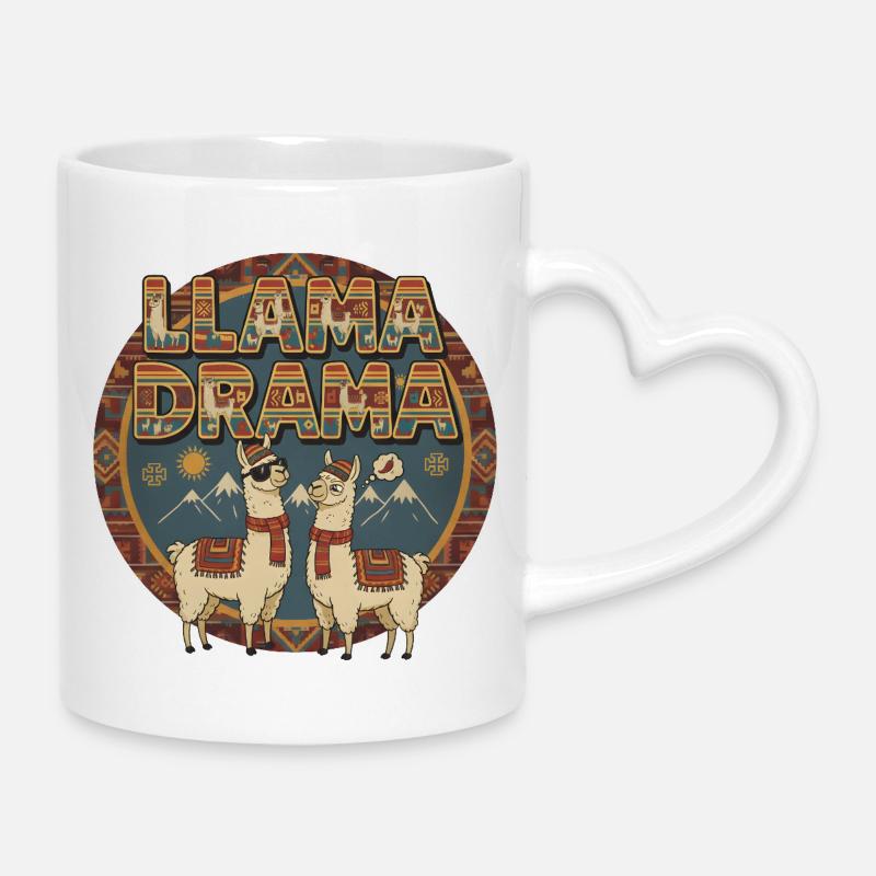 Llama Drama Retro Alpacas Mountains Design - Mug with Heart-Shaped Handle - white