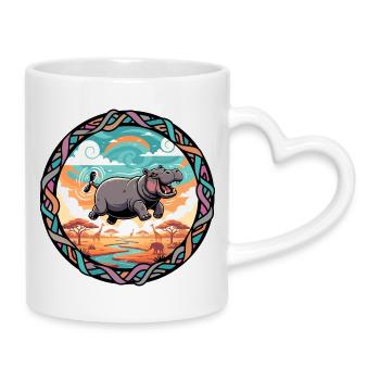 Fröhlicher Hippo im Afrika Safari Sonnenuntergang - Tasse mit Herzhenkel - Weiß - Rechts