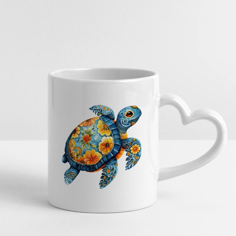 Tortue florale Mug avec anse en forme de cœur