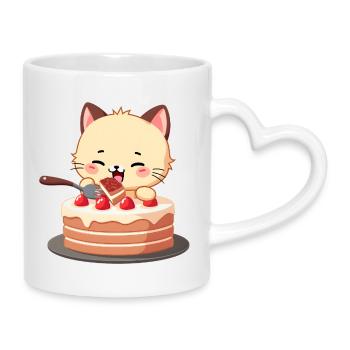 Le chat mange du gâteau - Mug avec anse en forme de cœur - blanc - Droite