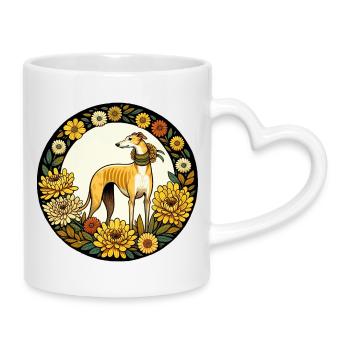 Eleganter Windhund mit Blumenrahmen - Tasse mit Herzhenkel - Weiß - Rechts
