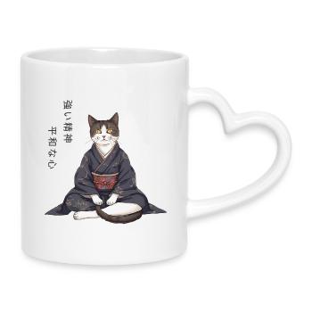 Moderne Anime Katze im Kimono – Zen Meditation - Tasse mit Herzhenkel - Weiß - Rechts