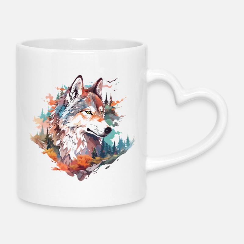 Wolf Wolf's Head Forest Nature Mountains Wilderness Colorful - Mug with Heart-Shaped Handle - white