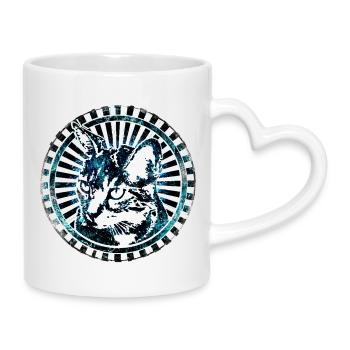 Futuristische Katzenillustration mit Strahlenkranz - Tasse mit Herzhenkel - Weiß - Rechts