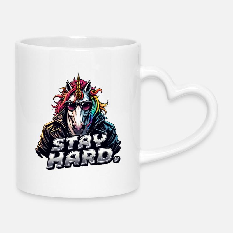 Unicorn in Leather Jacket Stay Hard - Mug with Heart-Shaped Handle - white