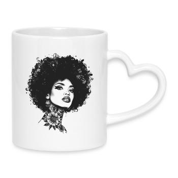 Floral Tattoo Afro Portrait Woman Monochrome - Mug with Heart-Shaped Handle - white - Right