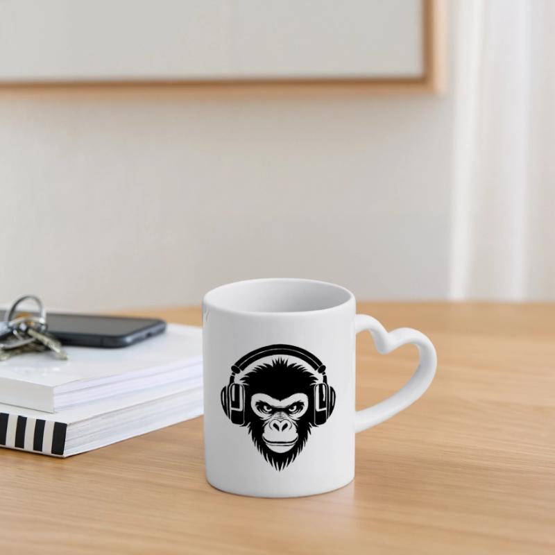 Finsterer Comic-Affe mit Kopfhörern Shirt Tasse mit Herzhenkel