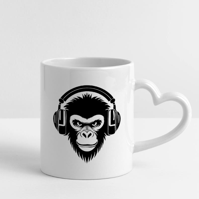 Finsterer Comic-Affe mit Kopfhörern Shirt Tasse mit Herzhenkel