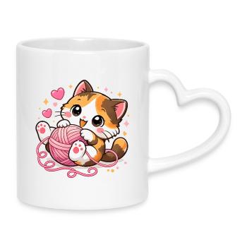 Cute Kitten with Yarn Ball – Kawaii Cat - Mug with Heart-Shaped Handle - white - Right