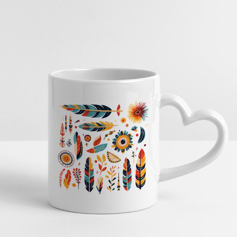 Boho Feather and Flowers Pattern Mug with Heart-Shaped Handle