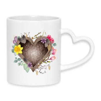 Herzförmiges Vogelnest mit Frühlingsblüten - Tasse mit Herzhenkel - Weiß - Rechts