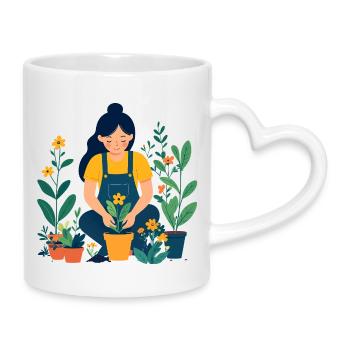 Gärtnerin im Blumengarten Hobbygärtnerin Motiv - Tasse mit Herzhenkel - Weiß - Rechts