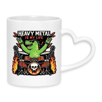 Heavy-Metal-Saurus am Schlagzeug - Tasse mit Herzhenkel - Weiß - Rechts
