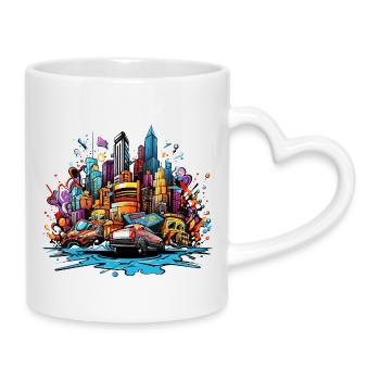 Colorful city silhouette with cars - Mug with Heart-Shaped Handle - white - Right