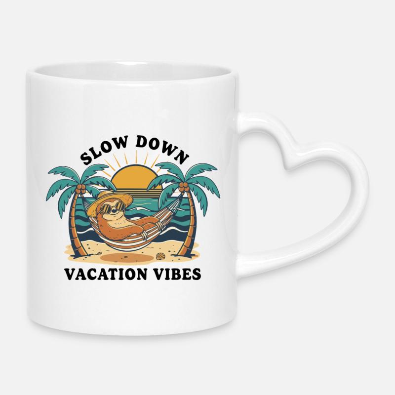 Sloth Sloth Hammock Slow Down Vacation Vibes - Mug with Heart-Shaped Handle - white