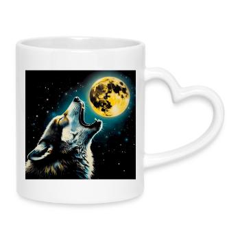 Wolf heult zum Vollmond - Tasse mit Herzhenkel - Weiß - Rechts