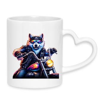 Neon Biker Wolf Motorradtier - Tasse mit Herzhenkel - Weiß - Rechts